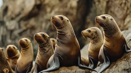 Fototapeta premium A group of alert california sea lions basking on wet coastal rocks while observing their surroundings intently for any movement.