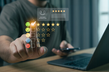 Businessman giving five star rating on virtual customer satisfaction survey, digital feedback and user experience concept