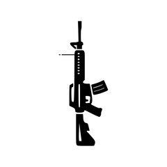 Naklejka premium Minimal black silhouette icon of modern assault rifle isolated on white background representing infantry firearm used in military combat operations.