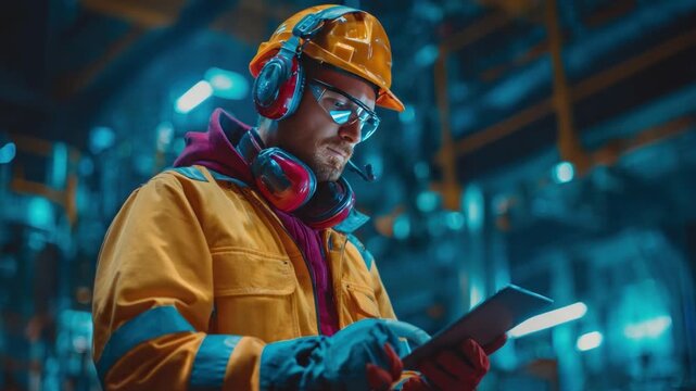 The Engineer's Insight: A skilled engineer, wearing safety gear, meticulously examines the tablet, embodying competence and technical precision within an industrial environment.