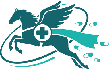 A winged horse with a medical cross on its side runs with pills
