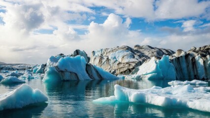 Glacial icebergs floating in calm arctic lagoon.