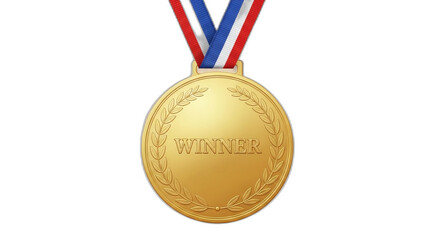 Golden medal with winner text on red, white, and blue ribbon
