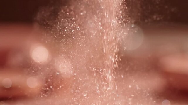 Dreamy Ambient Particles Microscopic, translucent white and pink particles gently suspended and moving through a soft, diffused light source in a serene, abstract space.