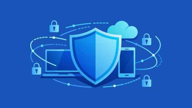 Cybersecurity protection with digital shield and secure network devices, flat vector illustration