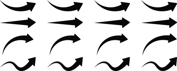 Curved arrow set, Various symbols hand draw arrow, Set long black curve arrow icon vector. Collection of black arrow icons pointing in various directions, Arrow. Cursor. Modern simple arrows.  © MST