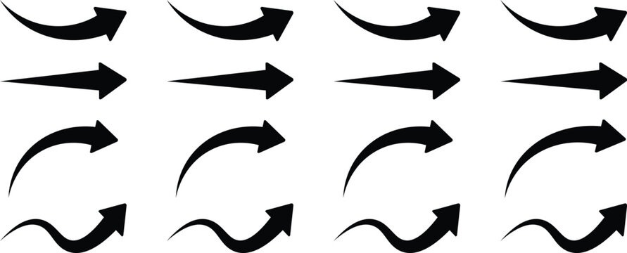 Curved arrow set, Various symbols hand draw arrow, Set long black curve arrow icon vector. Collection of black arrow icons pointing in various directions, Arrow. Cursor. Modern simple arrows. 