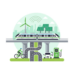 Fototapeta premium Modern eco-friendly transportation system with train, bicycle, electric car, and renewable energy sources.