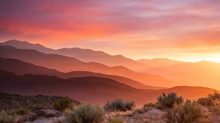 Naklejka premium Vibrant Sunset Over Layered Mountain Ranges with Hazy Orange and Purple Sky Landscape