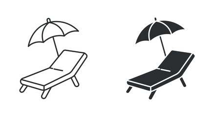 Fototapeta premium Beach lounge chair with umbrella icon set, sunbed deck chair for summer vacation relaxation, in outline and solid silhouette style. Vector illustration.