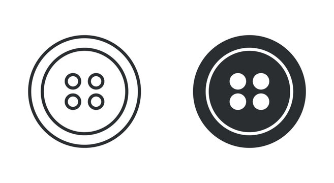 Sewing button icon set, four hole clothing button symbol for tailoring and fashion, in outline and solid silhouette style. Vector illustration.