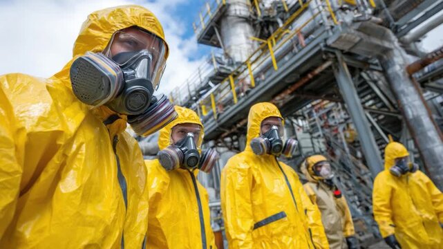Hazardous Professionals: A group of safety experts clad in protective suits and respirators navigate an industrial site, embodying vigilance and precaution in a potentially dangerous environment.
