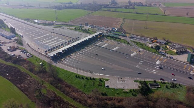 Highway Toll Booth Plaza Milan Ovest Aerial Drone Traffic View