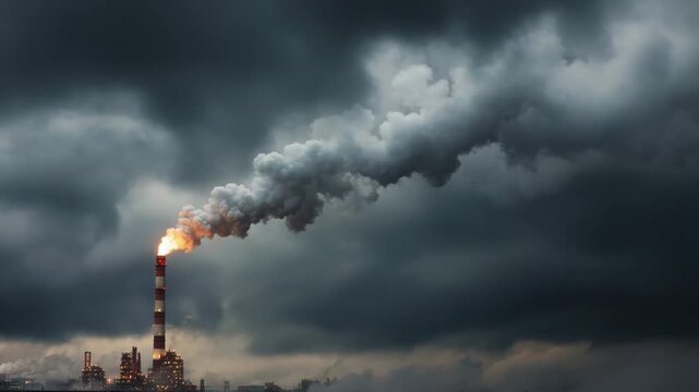 Air Pollution: A tall industrial chimney belches thick plumes of smoke into a stormy, overcast sky, raising concerns about environmental damage.