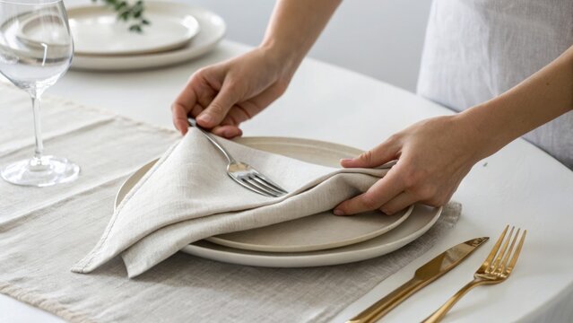 A person neatly folds a cloth napkin on a white plate set on a table with silverware and a wine glass in a minimalistic, elegant dining setting.