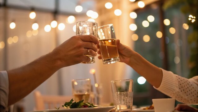 Two people clinking glasses in a toast during a cozy, warmly lit dinner setting with blurred string lights in the background.
