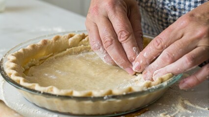 Hands shaping pie crust dough inside a glass pie dish on a floured surface, preparing homemade pie crust.