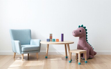 Fototapeta premium Cozy child's room with plush chair wooden table blocks and a friendly