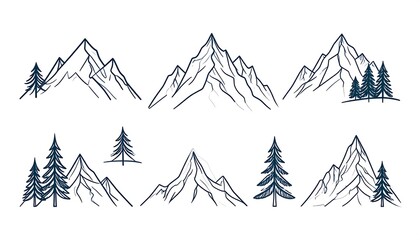 Obraz premium Hand-Drawn Mountain Range Illustrations with Pine Trees.