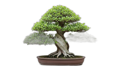 Fototapeta premium Bonsai tree in brown pot with twisted trunk and lush green leaves