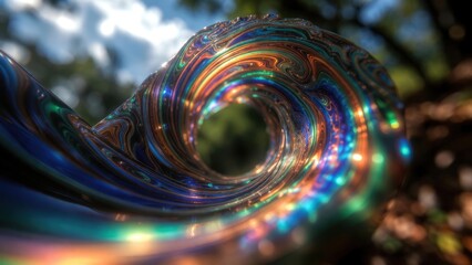 Fototapeta premium Iridescent swirl rolling across blurred outdoor background.