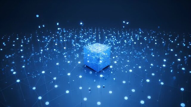 Futuristic network concept art depicting interconnectedness with a central luminous cube