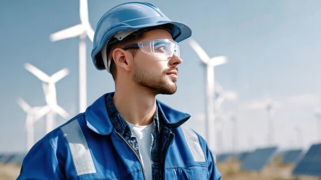 Visionary in Renewable Energy: A skilled engineer, adorned in safety gear, gazes toward a landscape of wind turbines and solar panels, embodying the promise of sustainable future.