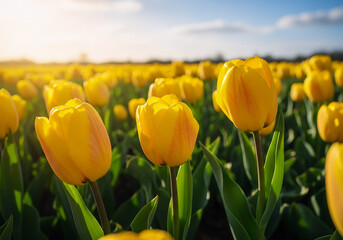 Fototapeta premium Vibrant Yellow Tulip Field Scenery in Spring Season Landscape