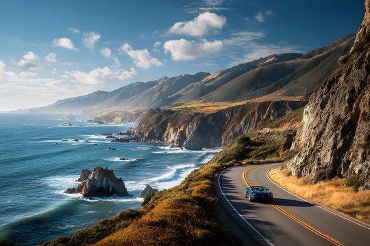 Escape to a sunlit coastal road with a lone convertible near cliffs and open sky.