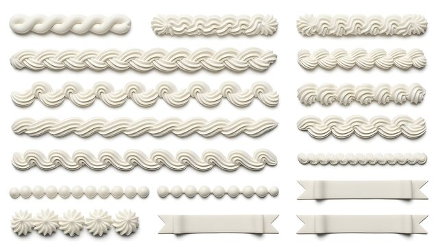 Set of various white whipped cream borders and ribbons for cake decoration, dessert design, and bakery branding elements isolated PNG with Transparent Background