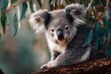 Obraz premium Koala perched on eucalyptus branch surrounded by leaves in a bright wide natural scene