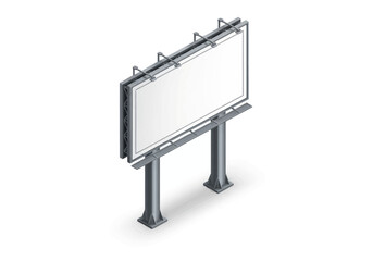 Obraz premium A large billboard stands upright on two metal poles against a plain white background viewed from a slight angle