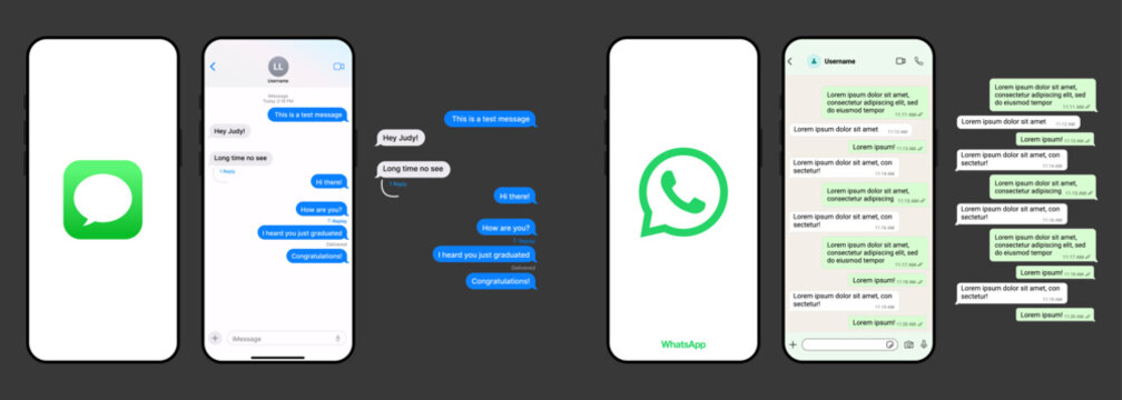 Messaging App Chat Interface Mockup with iMessage and WhatsApp Conversation Screens
Mobile Chat Application UI Design Template Showing Messaging, Text Bubbles and Conversation Layout