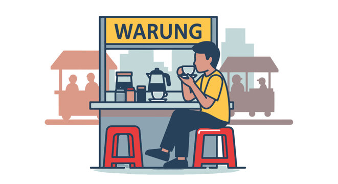 Young Man Relaxing at Food Stall with 'Warung' Sign, Enjoying a Snack in a Street Market Scene, Urban Lifestyle and Quick Bite Concept
