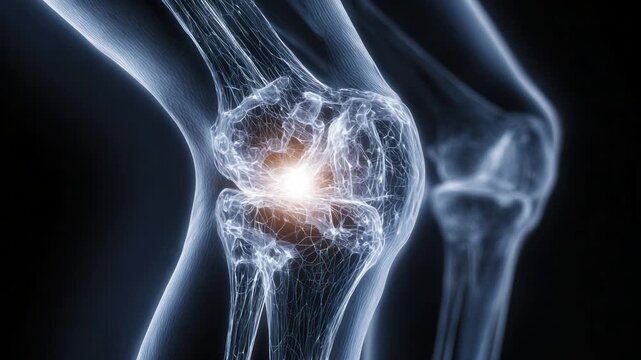 Anatomical Focus on Knees: A detailed medical visualization of knee anatomy, highlighting key bone structures, joint and surrounding tissues. revealing the intricate design of the human knee.