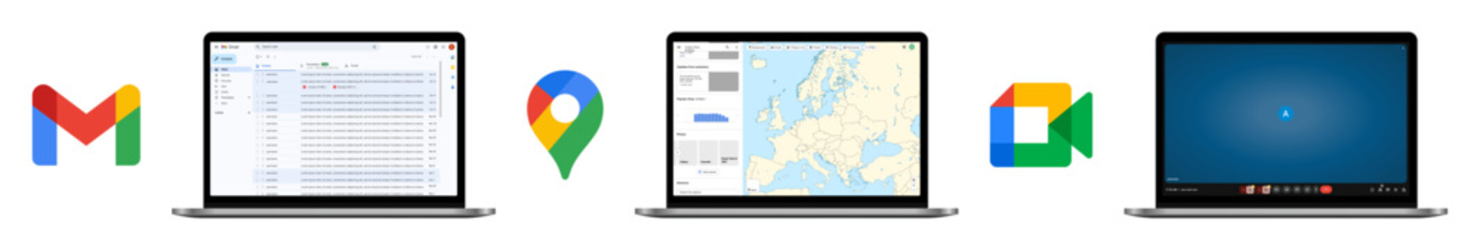 Google Workspace Apps Interface Mockup with Gmail, Google Maps and Google Meet on Laptop
Google Productivity Tools UI Design Template Showing Email Inbox, Map Navigation and Video Meeting