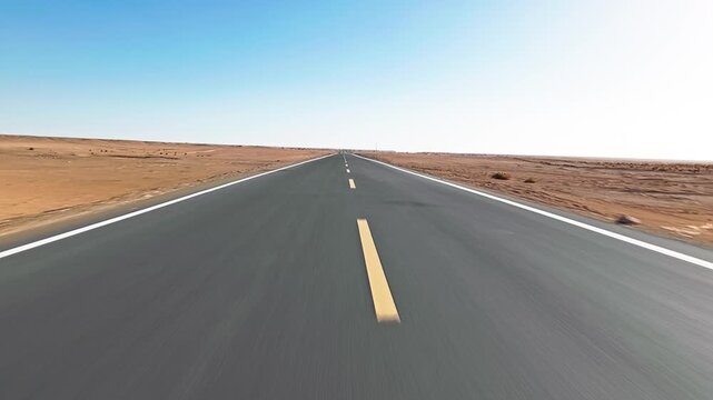 Long straight asphalt highway stretching through vast arid desert landscape in Xinjiang, China.