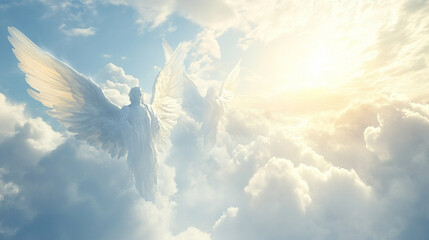 Naklejka premium Soft ethereal scene of angels slowly descending through pale morning clouds, calm divine grace theme
