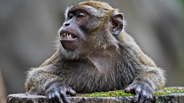 Monkey Sitting on Wooden Fence Post.