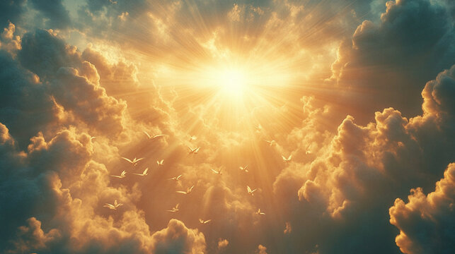 Epic cinematic host of angels descending from luminous heavens, powerful rays of light spreading across sky