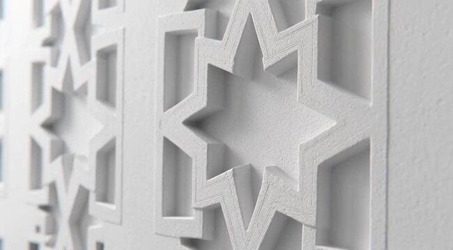 Abstract white arabic girih pattern background. Traditional muslim ornament. Interior design concept. 3d render animation. Islamic geometry pattern. Plaster surface. Loopable composition. 4K UHD.