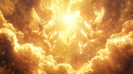 Naklejka premium Inclusive celestial host with angels of diverse appearance descending gently through warm golden clouds