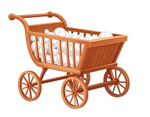 Vintage Wooden Baby Carriage Filled with Soft White Balls.