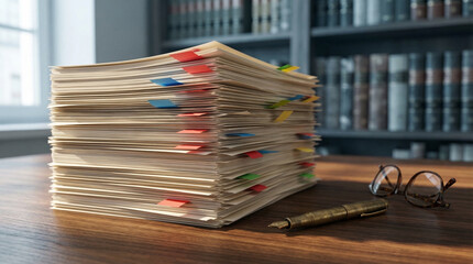 Fototapeta premium Stack of Organized Documents with Colorful Tabs and Vintage Pen on Wooden Desk in Office For Business Concepts