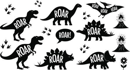 Dinosaur silhouettes collection with roar text tyrannosaurus stegosaurus triceratops pterodactyl volcano footprints prehistoric animals isolated vector illustration set © Nazmin
