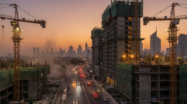 Two yellow tower cranes positioned on either side of a city street at sunset with a skyscraper under construction