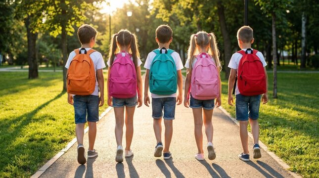 Five children walk side by side on a paved path wearing colorful backpacks in a park with green grass and trees