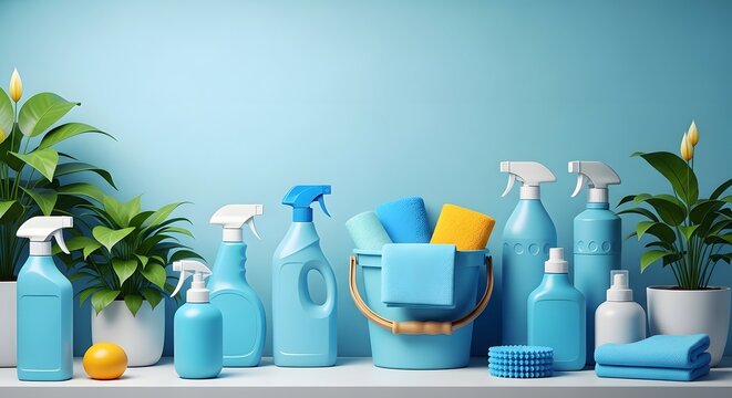 Cleaning supplies and tools on a shelf with plants
