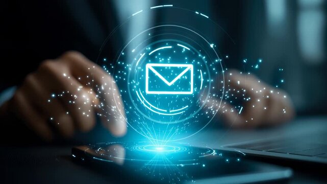 Hand taps glowing email icon on futuristic interface. Blue light pulses from device, showing digital connection. User focuses on screen, indicating active communication. Perfect for tech, business
