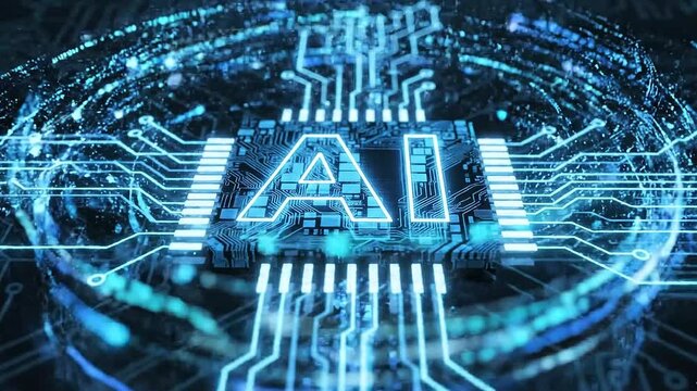 Futuristic glowing blue artificial intelligence chip illuminates complex digital circuitry symbolizing advanced machine learning and global data processing technology.